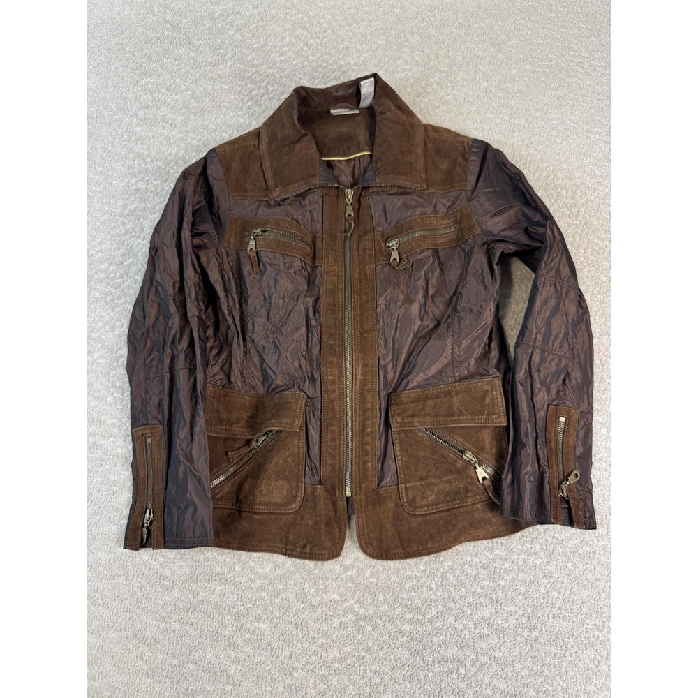 Chicos Jacket Womens 1 Brown Nylon Suede Leather Zip Pockets Moto‎ Biker Style